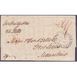 POSTAL HISTORY : MAURITIUS, 1852 entire sent via ship from Calcutta, India to Port Louis, Mauritius.