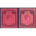 LEEWARD ISLANDS : 1938 £1, two shades both with faults one heavily creased.