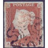 GREAT BRITAIN STAMPS : 1841 1d Red Brown plate 30 (AD) fine four margin example showing variety