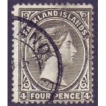 FALKLANDS STAMPS : 1891 QV 4d brownish black, wmk reversed, used, SG 31.