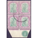 MONTSERRAT STAMPS: 1908 1/- Green and Bright Purple, fine used block of four with plate number,