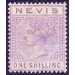 SAINT KITTS AND NEVIS STAMPS: 1890 1/- pale violet mounted mint SG 34 Cat £110 (crease)