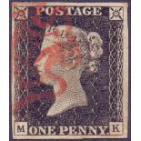 GREAT BRITAIN STAMPS : PENNY BLACK Plate 2 (MK) very fine used four margin example SG 3 Grey Black