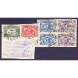 AUSTRALIA STAMPS : AIRS, large piece with 1929 3d issue and 1931 Kingsford Smith's Flights issues.