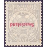 SWAZILAND STAMPS : 1892 1/2d grey with inverted overprint. Unused with hinge thin, SG 10a. Cat £500.