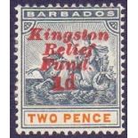 BARBADOS STAMPS : 1907 Kingston Relief Fund 1/2d on 2d Slate Black and Orange NO STOP AFTER 1d,