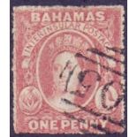 BAHAMAS STAMPS : 1861 QV 1d lake, no wmk, rough perf 14-16, fine used, SG 4.