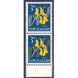 NEWZEALAND STAMPS : 1960-66 QEII 3d Kowhai in vertical pair, top stamp with green omitted variety,
