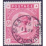 GREAT BRITAIN STAMPS : 1883 5/- very fine used example CDS cancel SG 180