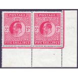 GREAT BRITAIN STAMPS : 1912 5/- Carmine, superb date cut unmounted mint corner marginal pair.