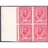 GREAT BRITAIN STAMPS : 1911 1d IMPERF Plate Proof in Carmine, marginal block of four,