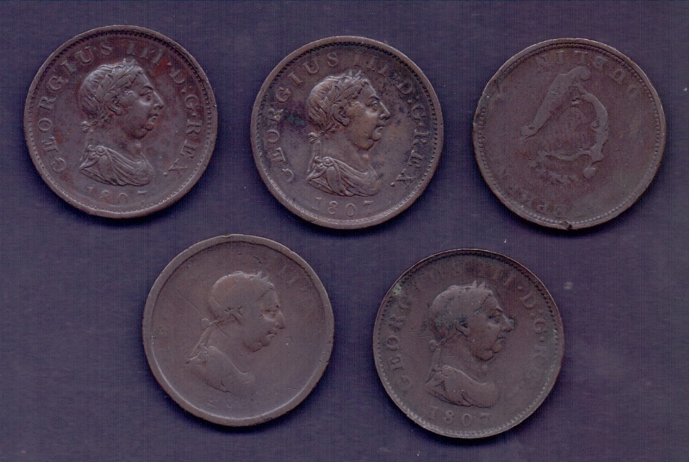 COINS : George III, four Pennies, 3 x 1807 plus one other mixed to good condition,