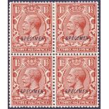 GREAT BRITAIN STAMPS : 1924 1 1/2d Brown over printed Specimen tyoe 23 , superb block of four,