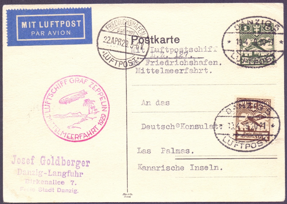 POSTAL HISTORY AIRMAIL : DANZIG, 1929 Graf Zeppelin Mediterranean Flight (S 24).