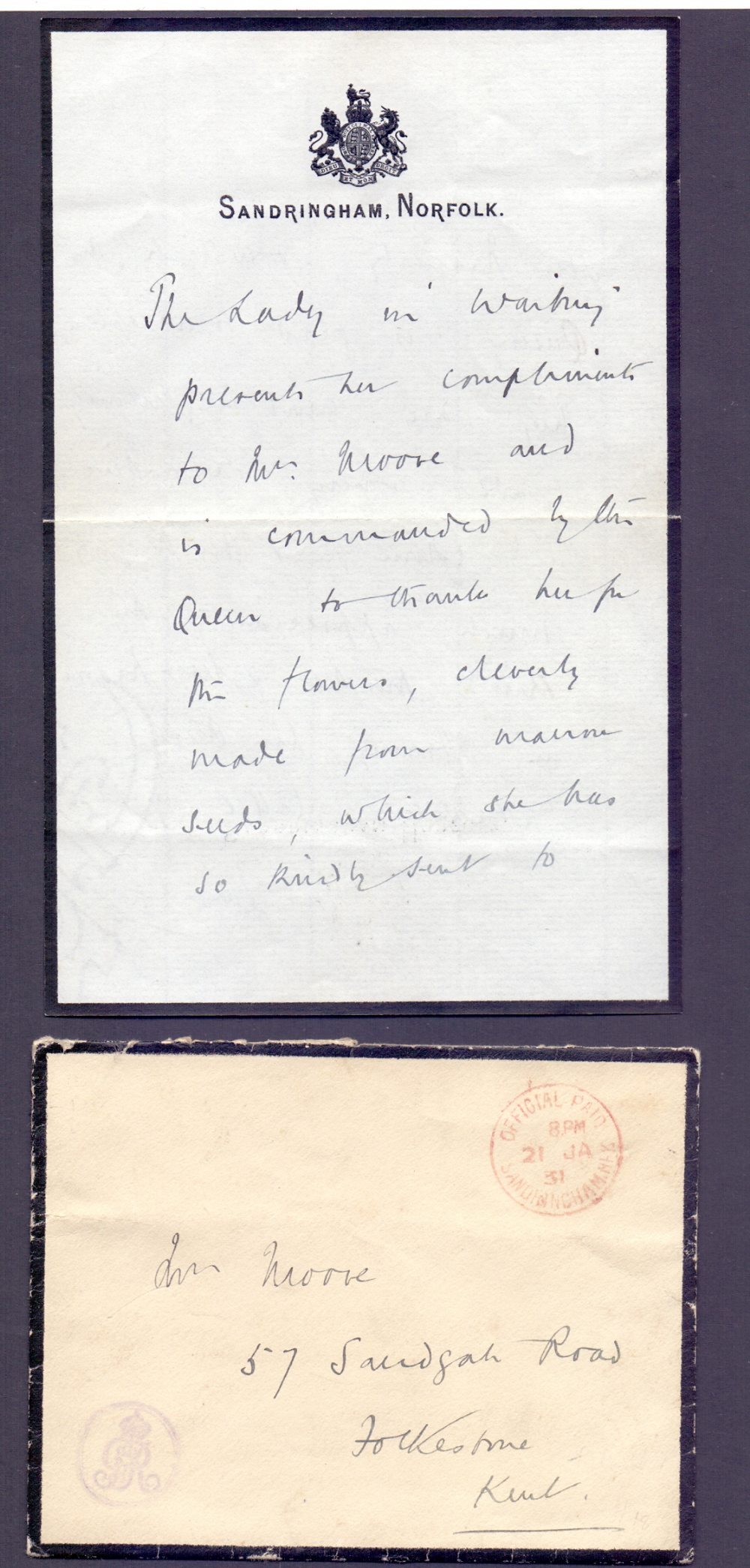 GREAT BRITAIN POSTAL HISTORY : 1931 Mourning envelope and letter and Sandringham House letter head.