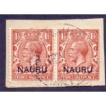 NAURU STAMPS : 1923 1 1/2d red brown used pair on piece SG 3 Cat £120