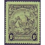 BARBADOS STAMPS : 1925-35 GV 1/- black/emerald, perf 13.5x12.5, lightly M/M, SG 237a.