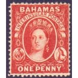 BAHAMAS STAMPS : 1882 QV 1d scarlet-vermilion, wmk Crown CA, perf 14, M/M part original gum! SG 42.