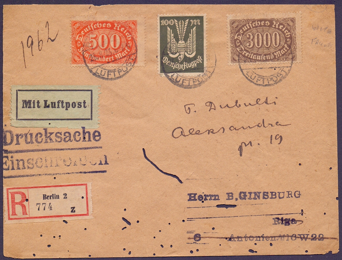 POSTAL HISTORY : GERMANY, 1923 registered envelope with 100m Air issue & two other values,