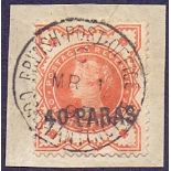 BRITISH LEVANT STAMPS : 1893 40pa on 1/2d Vermilion, a fine used example on piece,