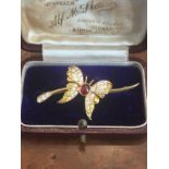 18 Carat Gold Mounted Diamond Motif Butterfly Brooch with Centre Ruby Decoration and Yellow Fancy
