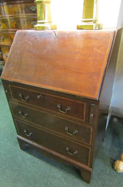 Edwardian Mahogany Satinwood Cross Banded Fall Front Bureau with Fitted Interior above Three Long