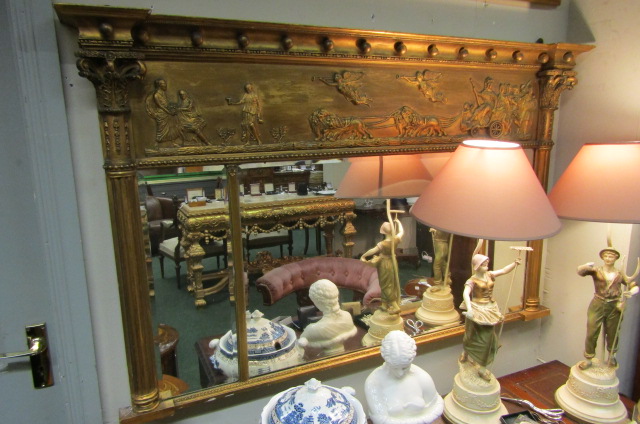 Regency Gilt Decorated Chariot Frieze Decorated Over Mantle Mirror of Rectangular Form with