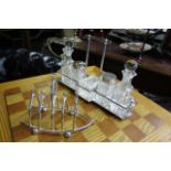 Silver Plated Toast Rack and Silver Plated and Mounted Cut Crystal Cruet Set Two Items in Lot