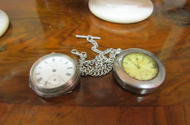 Two Victorian Solid Silver Cased Pocket Watches with Solid Silver Pocket Chain