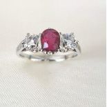 Ruby and Diamond Platinum Mounted Three Stone Ladies Ring