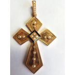 Victorian French 18 Carat Gold Mounted Seed Pearl Decorated Enamel and Diamond Set Cross Pendant