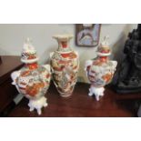 Pair of Antique Japanese Satsuma Vases with Faux Dog Decorated Covers and Another Vase Three Items