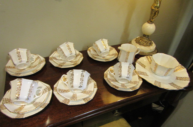 Vintage Gilt Decorated Fine Bone Porcelain Tea Set with Sandwich Dish and Sugar Bowl and Milk Jug