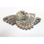 Platinum Mounted Natural Pearl and Diamond Decorated Brooch Art Deco c1920s