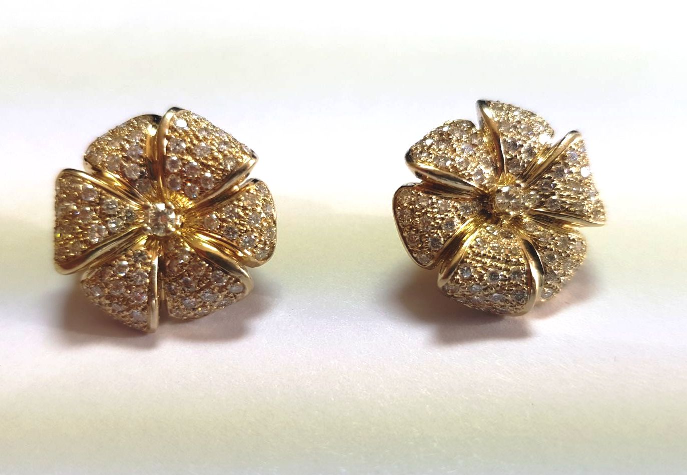 18 Carat Gold Mounted Pave Set Diamond Flower Motif Earrings of Elegant Form