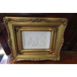 Gilt Framed Parianware Wall Plaque Depicting Cherubs at Play Approximately 5 Inches High x 8