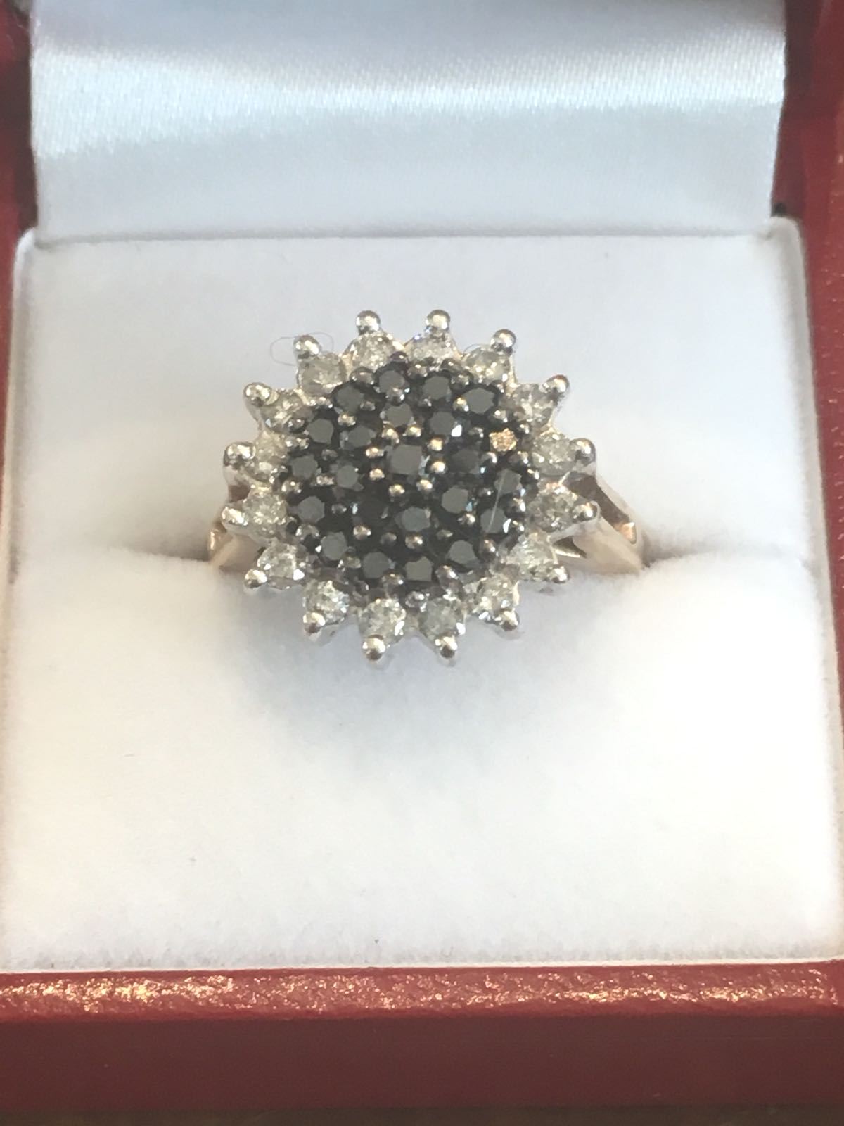 Black and White Diamond Ladies Cluster Ring Mounted on 9 Carat Gold