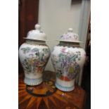 Pair of Oriental Fine Porcelain Vases with Original Covers Each Approximately 16 Inches High