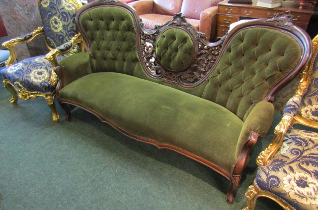 Victorian Carved Mahogany Double End Settee Upholstered in Deep Buttoned Velvet above Cabriole