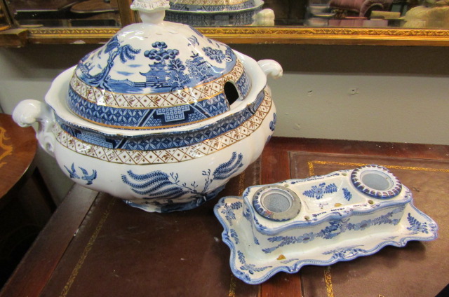 Two Pieces of Willow Pattern Antique Delphware Tureen and Desk Rest with Twin Inkwells Tureen