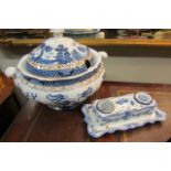 Two Pieces of Willow Pattern Antique Delphware Tureen and Desk Rest with Twin Inkwells Tureen