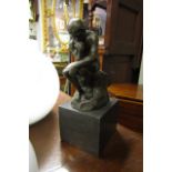 After Rodin The Thinker Bronze Sculpture Resting on Square Form Marble Base Approximately 9 Inches