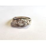 Platinum and 18 Carat Gold Mounted Three Stone Diamond Ring Diamonds Antique Cushion Cut Approximate