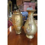 Two Antique Bronze Vases with Incised and Embellished Decoration Tallest Approximately 9 Inches High