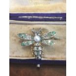 14 Carat Gold Emerald and Diamond Decorated Bee Motif Brooch