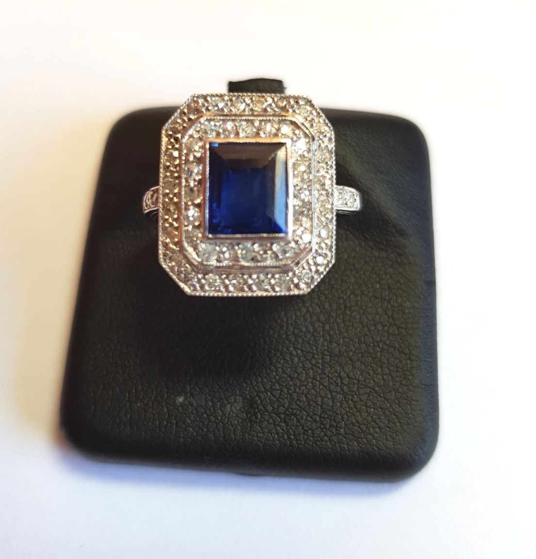 Platinum Mounted Natural Sapphire Emerald Cut Diamond Decorated Art Deco Ladies Ring of