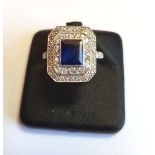 Platinum Mounted Natural Sapphire Emerald Cut Diamond Decorated Art Deco Ladies Ring of