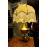 Antique Cast Brass Urn Form Table Lamp with Side Ring Handles and Tasselled Shade Approximately 24