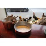 Set of Five Copper Saucepans with Copper Brass Handled Flambé Pan Six Items in Lot