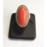 German Continental 14 Carat Gold Navette Shaped Coral and Diamond Decorated Ladies Ring